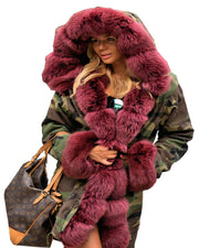 oldvwparts Thickened Warm Wine Red camouflage Faux Fur Fashion Warm Parka luxury Women Hooded Long Winter Jacket Coat Overcoat Top