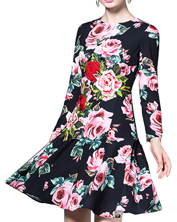 ROIII Formal Swing Hem Rose Printing Black Dress
