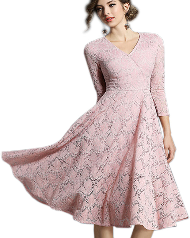 ROIII Sweet Pink Lace V Neck Long Dress