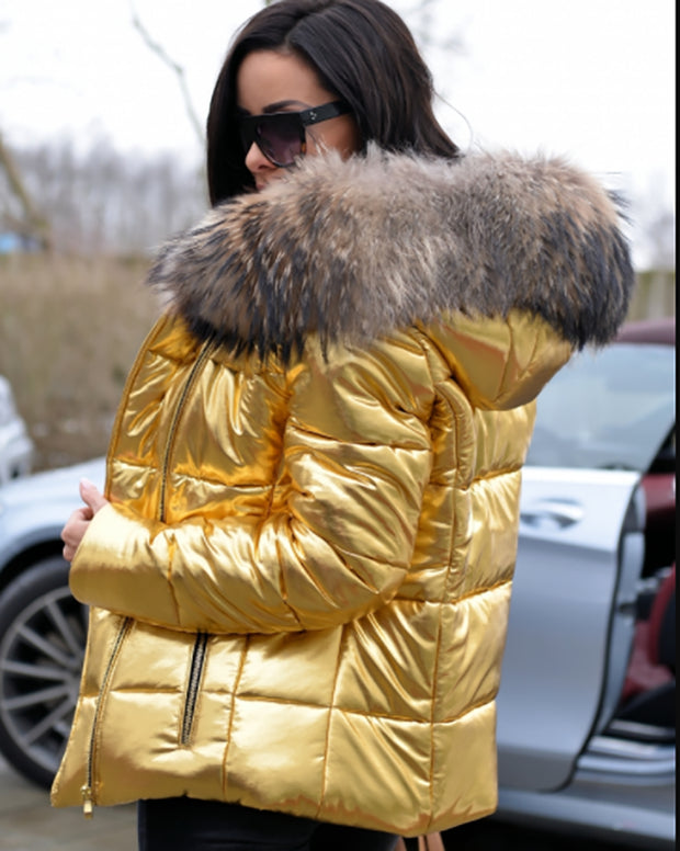 Women Faux Fur Gold Color Short Coat Winter Warm Slim Jacket