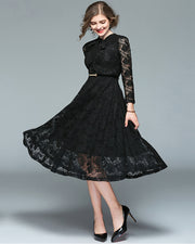 ROIII Stand Collar Bow Tie Neck Long Sleeve Lace Dress