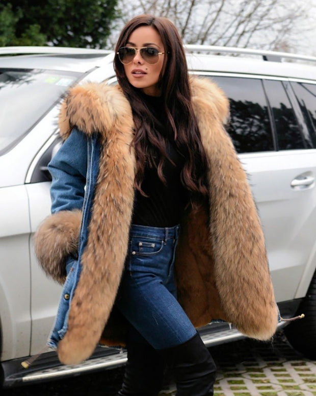 Women's Winter Faux Fur Hooded Cowboy Plus Size Parka Jacket Coat