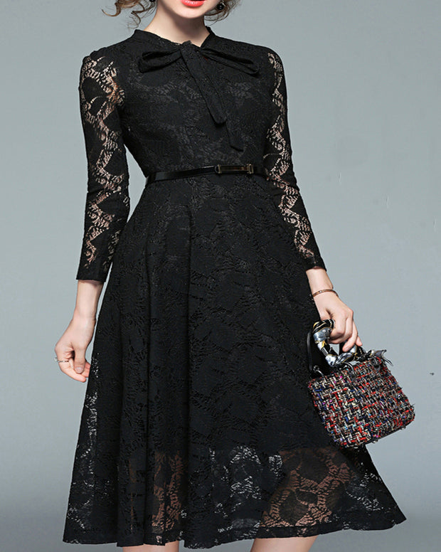 ROIII Stand Collar Bow Tie Neck Long Sleeve Lace Dress