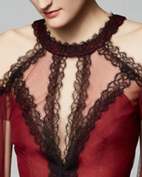Women Black Lace Insert Color Block Pleated Chiffon Mexi Dress