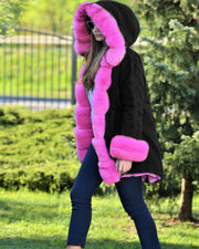 ROIII Ladies Pomp Fur Collar Parka Winter Coat Padded Lined Jacket