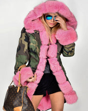 oldvwparts Thickened Faux Fur Camouflage Hot Pink Parka Women Hooded Long Winter Jacket Overcoat US Plus Size S M L XL XXL 3XL