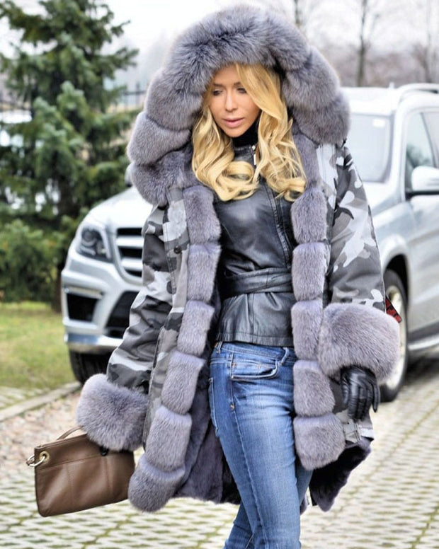 oldvwparts Thickened Grey Warm Military Amry Style Faux Fur Camouflage Casual  Parka Hood Women Hooded Long Winter Jacket Overcoat