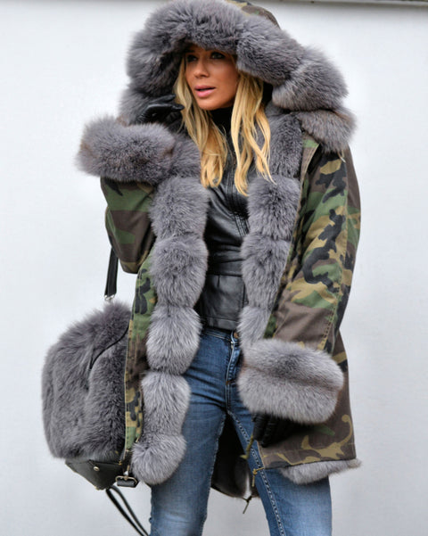 oldvwparts Thickened Grey Warm Loose  Camouflage Faux Fur Casual Parka Hood Women Hooded Long Winter Jacket Overcoat EU Size 36-50