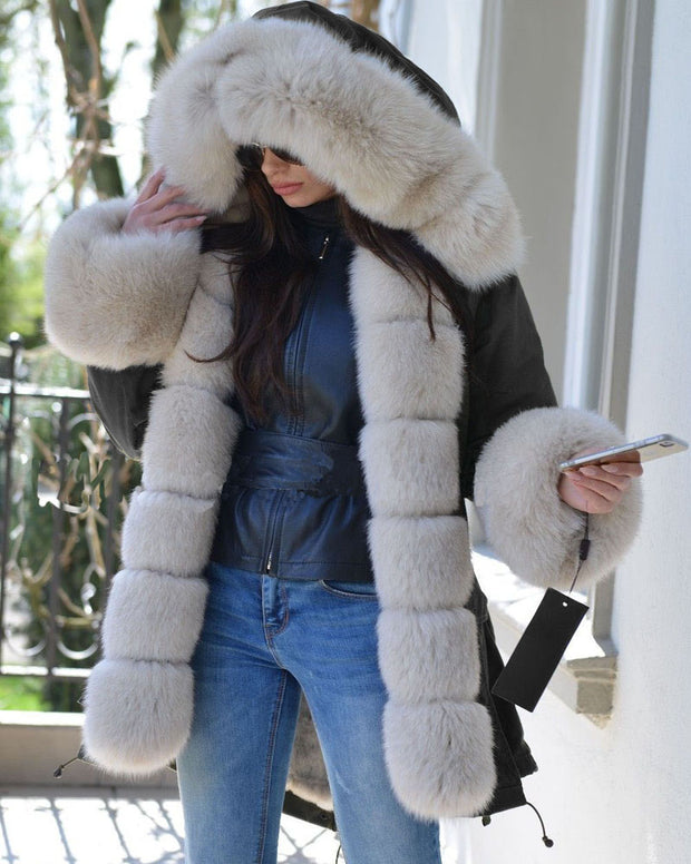 oldvwparts Thicken Warm Faux Fur Warm Parka Milk White Women Hooded Hip Top Winter Button Jacket Coat Overcoat Size 36-40-48-50