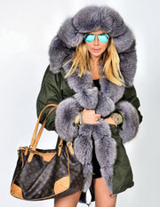 oldvwparts Thickened Grey Warm Loose Style Punk Grey Faux Faux Fur  Casual  Parka Hood Women Hooded Long Winter Jacket Overcoat