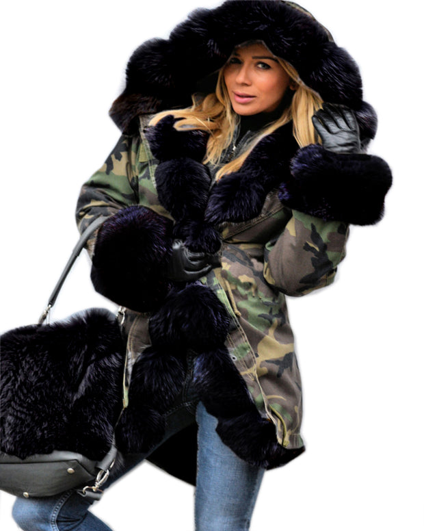 oldvwparts Thickened Warm Loose Camouflage Black Faux Fur Casual Parka Fashion Women Hooded Long Winter Jacket Overcoat EU Size 36-50