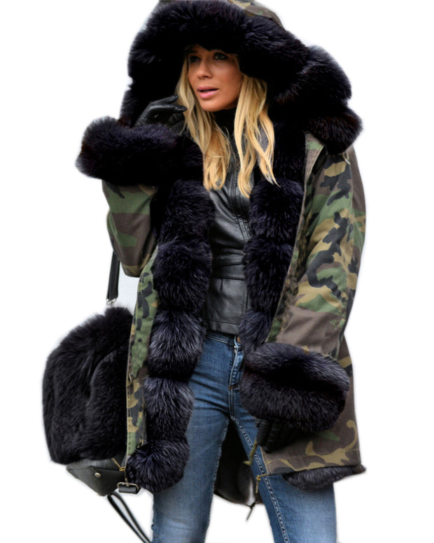 oldvwparts Thickened Warm Loose Camouflage Black Faux Fur Casual Parka Fashion Women Hooded Long Winter Jacket Overcoat EU Size 36-50