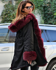 oldvwparts Women's Thicken Warm Luxury Casual Winter Wine Faux Fur Hooded Plus Size Parka Jacket Coat EU Size 36 38 40 42 44 46 48 50