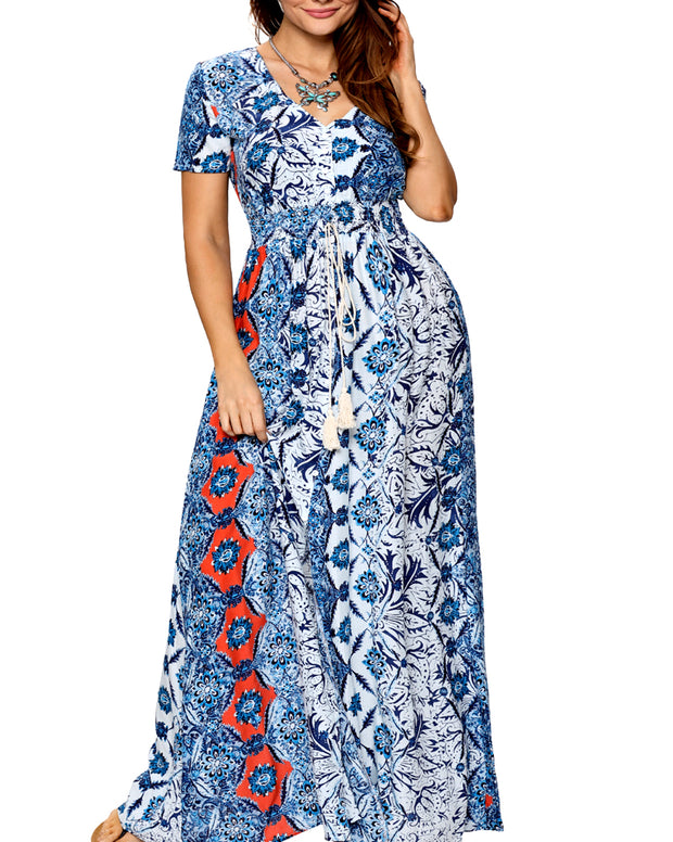 oldvwparts Women Vintage Blue Print Split Summer High Waist Button Beach Short Sleeve V neck Long Maxi Dress Size 36 38 40 42 44 50