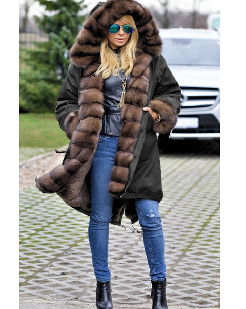 oldvwparts Thickened Warm Brown Faux Fur Thicken Warm Parka Button Casua Women Hooded Long Winter Jacket Coat Overcoat US Plus Size