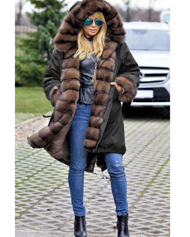 oldvwparts Thickened Warm Cafe Brown Thicken Faux Fur Fashion Warm Parka Women Hooded Long Winter Jacket Coat Overcoat Snow Wear Coat