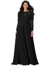 ROIII Women Long-sleeve Lace Bead Shiny Slim Floor-length Black Party Formal Dress