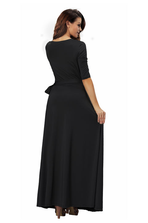 ROIII summer Womens V Neck Causual Maxi Long Jersey Cocktail Party Evening Dresses With Sleeves Black