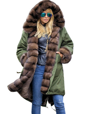 oldvwparts Thickened Warm Brown Faux Fur Thicken Warm Parka Fashion Women Hooded Long Winter Jacket Coat Parka Overcoat EU Plus Size
