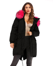 Women Winter Hooded Cotton  Parka Rose Red Faux Fur Jacket