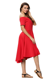 oldvwparts Summer Solid Casual A-Line Knee-Length Skirt Short Sleeves Slash Neck Dresses Wedding RED