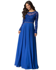 ROIII Women Long-sleeve Lace Slim Sexy Floor-length Blue Color Party Dress