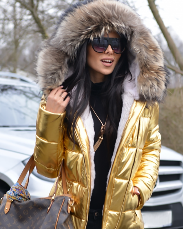 Women Faux Fur Gold Color Short Coat Winter Warm Slim Jacket