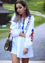 oldvwparts summer hot sell embroidery leisure white long sleeve short dresses