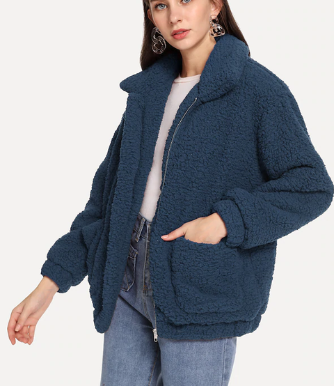ROIII Winter fashion short Teddy velvet sweater padded warm cardigan coat navy color