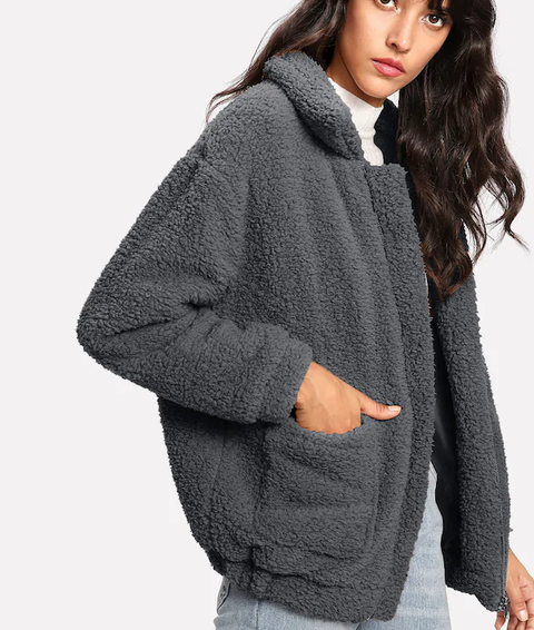 ROIII Winter fashion short Teddy velvet sweater padded warm cardigan coat gray color