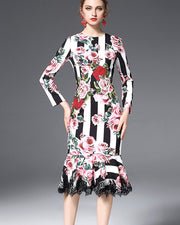 ROIII Lace Frill Fishtail Women Dress Rose Floral Printing Skirt