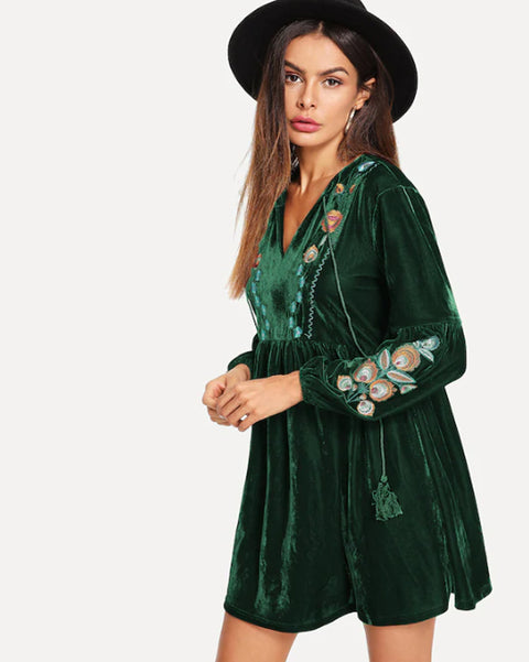 oldvwparts summer fashion v-neck embroidered  slim hot sell long sleeve green color dresses