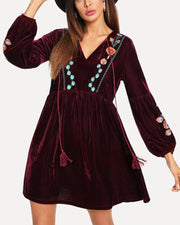 oldvwparts summer fashion v-neck embroidered slim hot sell long sleeve wine red color dresses