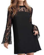 ROIII Lace Chiffon Beading Flare Sleeve Elegant  Black Mini Dress