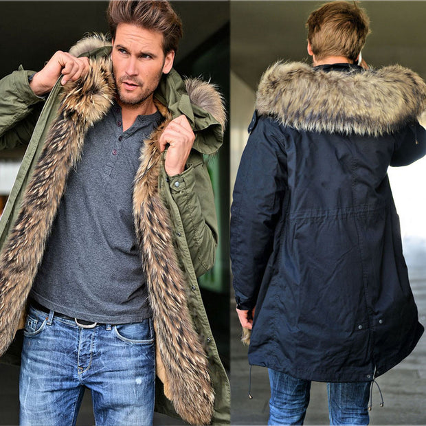 Men's Contrast Faux Fur Trim Hooded Jacket