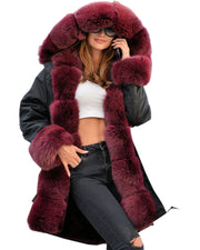 oldvwparts Women's Thicken Warm Luxury Casual Winter Wine Faux Fur Hooded Plus Size Parka Jacket Coat EU Size 36 38 40 42 44 46 48 50