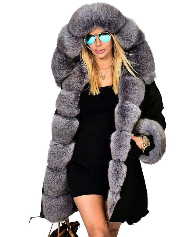 oldvwparts Thickened Grey Warm Loose Style Punk Grey Faux Faux Fur  Casual  Parka Hood Women Hooded Long Winter Jacket Overcoat