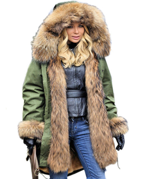 oldvwparts Thickened Warm Thicken AmryGreen Shade Faux Fur Casual Parka Luxury Women Hooded Long Winter Jacket Overcoat Size S-3XL