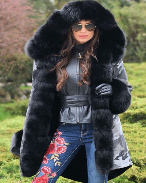 oldvwparts Women's Thicken Warm Black Camouflage Casual Winter Warm Faux Fur Hooded Plus Size EU 36 40 50 Luxury Parka Jacket Coat