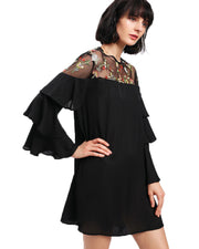 ROIII Ladies Lace Flower Embroidery Wavy Sleeves Elegant Black Dress