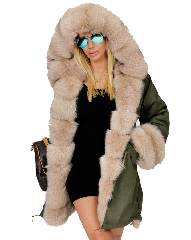 oldvwparts Thickened Grey Warm Military Amry Style Beige Faux Fur  Casual  Parka Hood Women Hooded Long Winter Jacket Overcoat