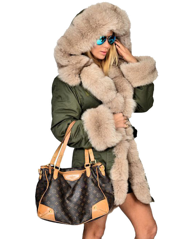 oldvwparts Thickened Grey Warm Military Amry Style Beige Faux Fur  Casual  Parka Hood Women Hooded Long Winter Jacket Overcoat